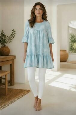 Sun & Moon Blue Floral Babydoll Tunic Top Ruffle Large Coquette Boho Cottagecore
